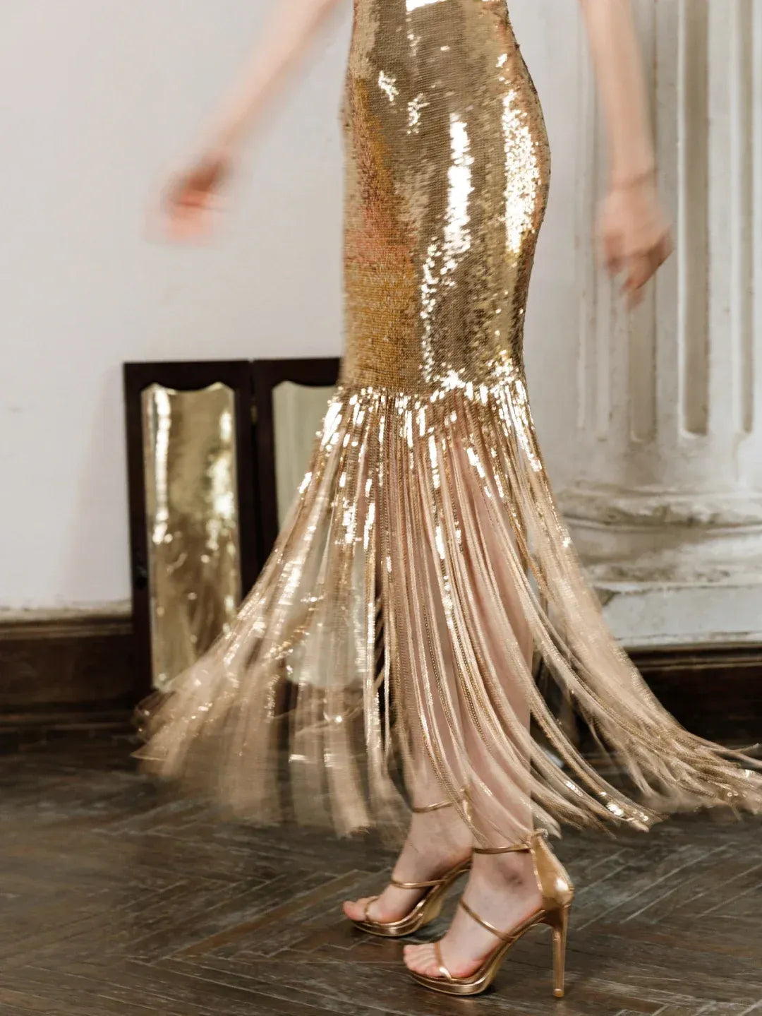 Glamorous Gold Sequin Fringe Hem Spaghetti Strap Gown