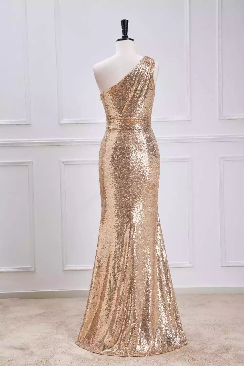 Glamorous Gold Sequin Gown with One-Shoulder Drape & Mermaid Silhouette