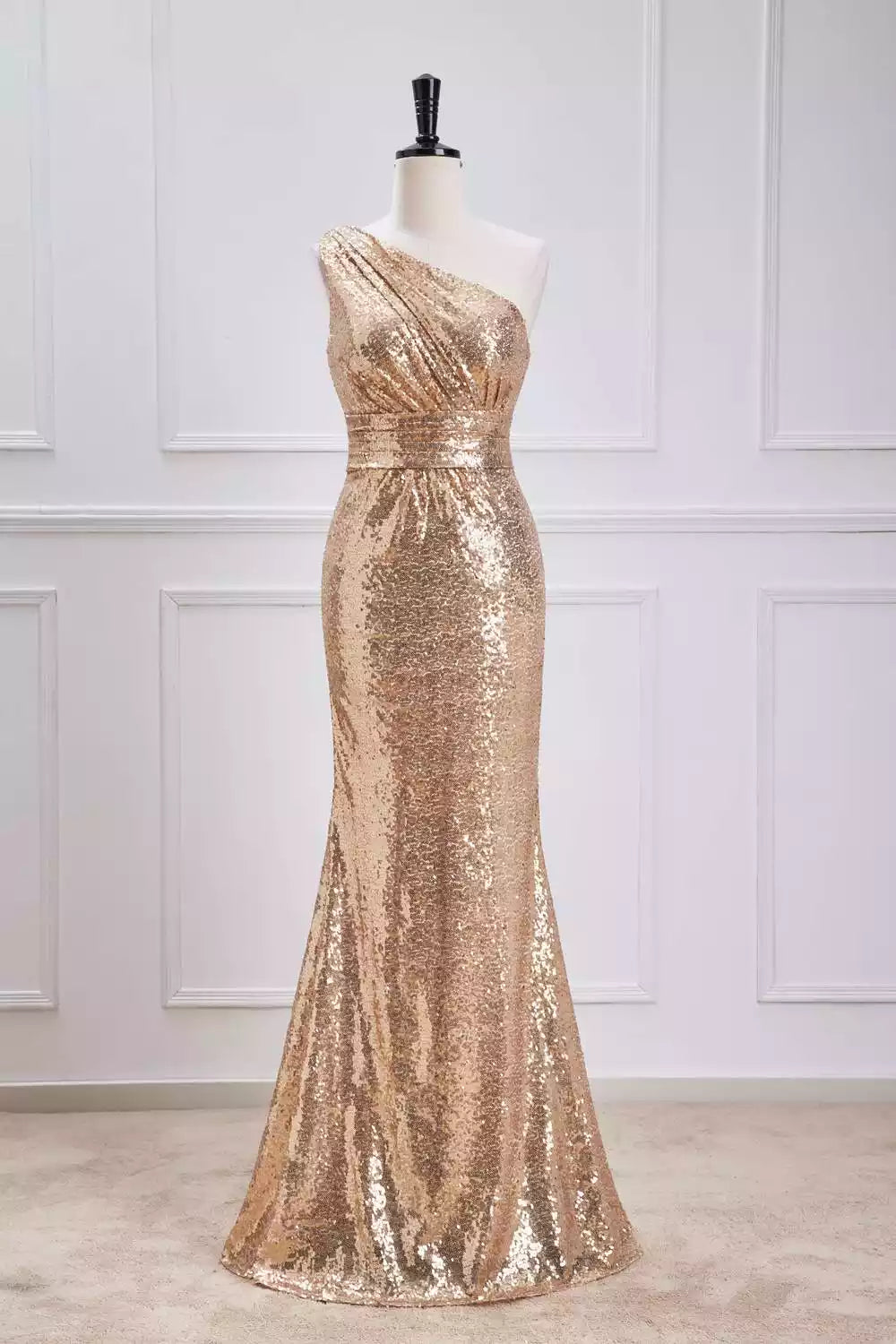 Glamorous Gold Sequin Gown with One-Shoulder Drape & Mermaid Silhouette