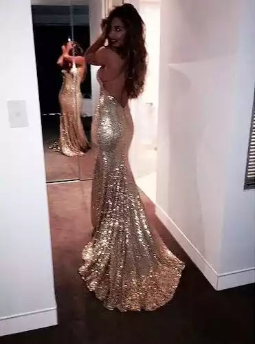 Glamorous Gold Sequin Mermaid Gown with Deep Open Back