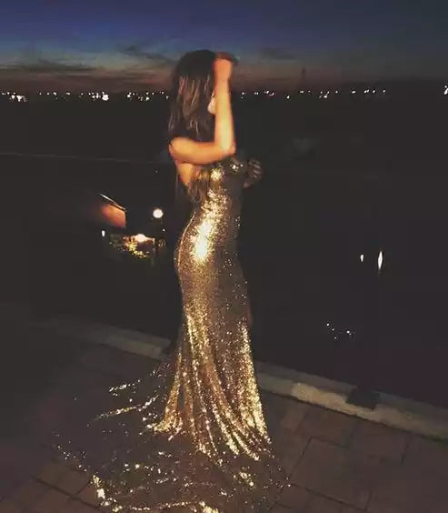 Glamorous Gold Sequin Mermaid Gown with Deep Open Back