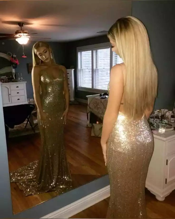 Glamorous Gold Sequin Mermaid Gown with Plunging V-Neck & Open Back