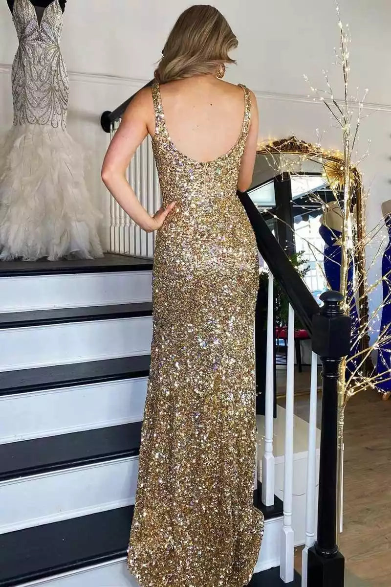 Glamorous Gold Sequin Mermaid Gown with Square Neckline & Open Back