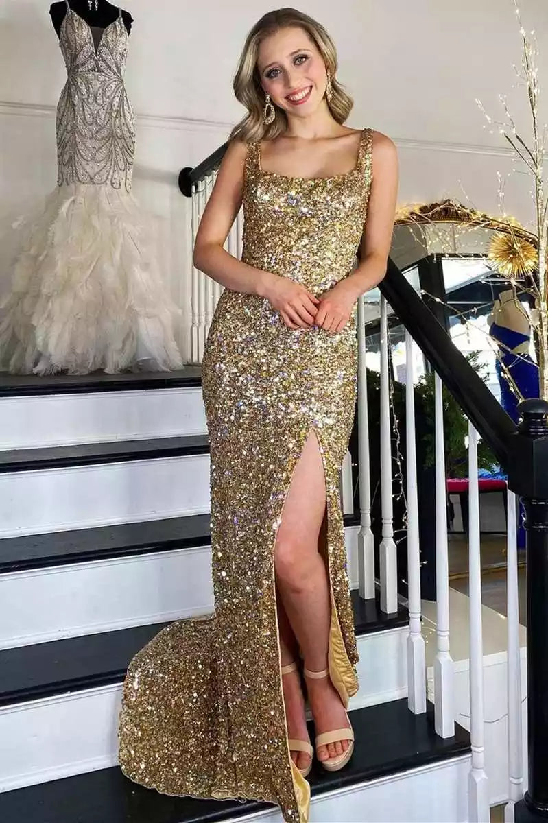 Glamorous Gold Sequin Mermaid Gown with Square Neckline & Open Back