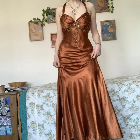 Glamorous Halter Beaded-Bodice Satin Prom Dresses