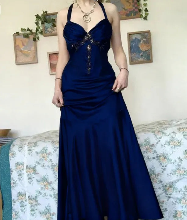 Glamorous Halter Beaded-Bodice Satin Prom Dresses