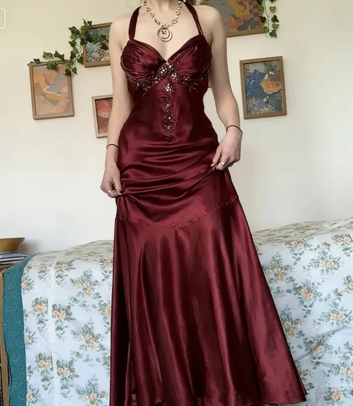 Glamorous Halter Beaded-Bodice Satin Prom Dresses