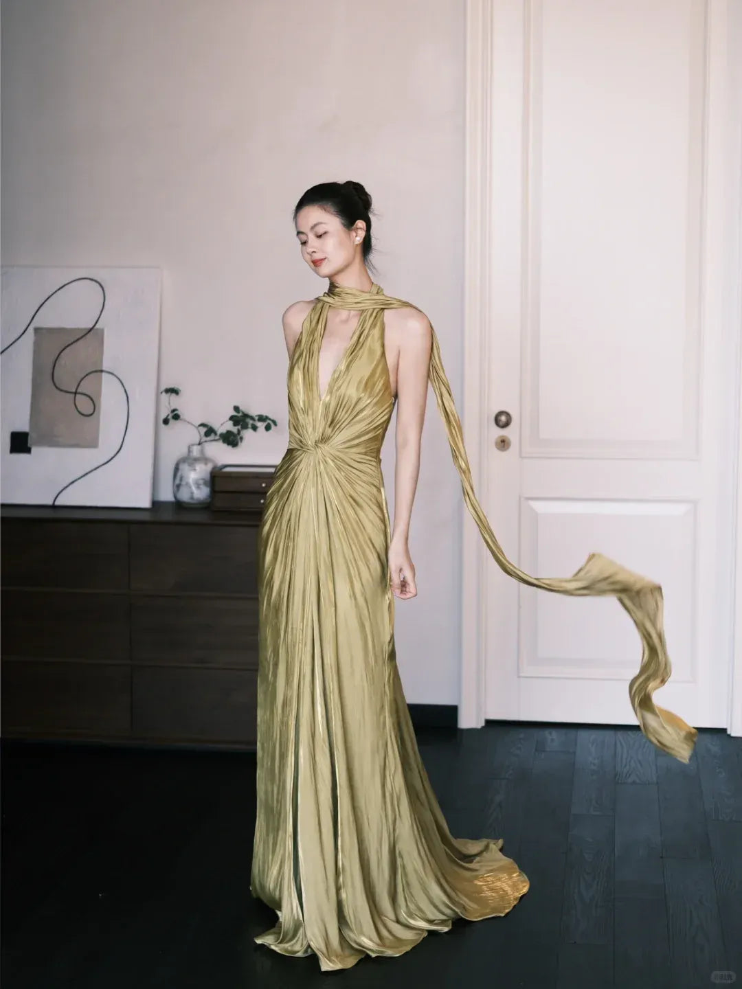 Glamorous Halter Open Back Gold Pleated Satin Gown