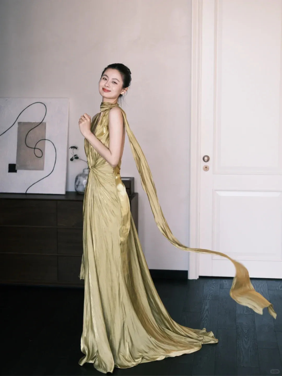 Glamorous Halter Open Back Gold Pleated Satin Gown