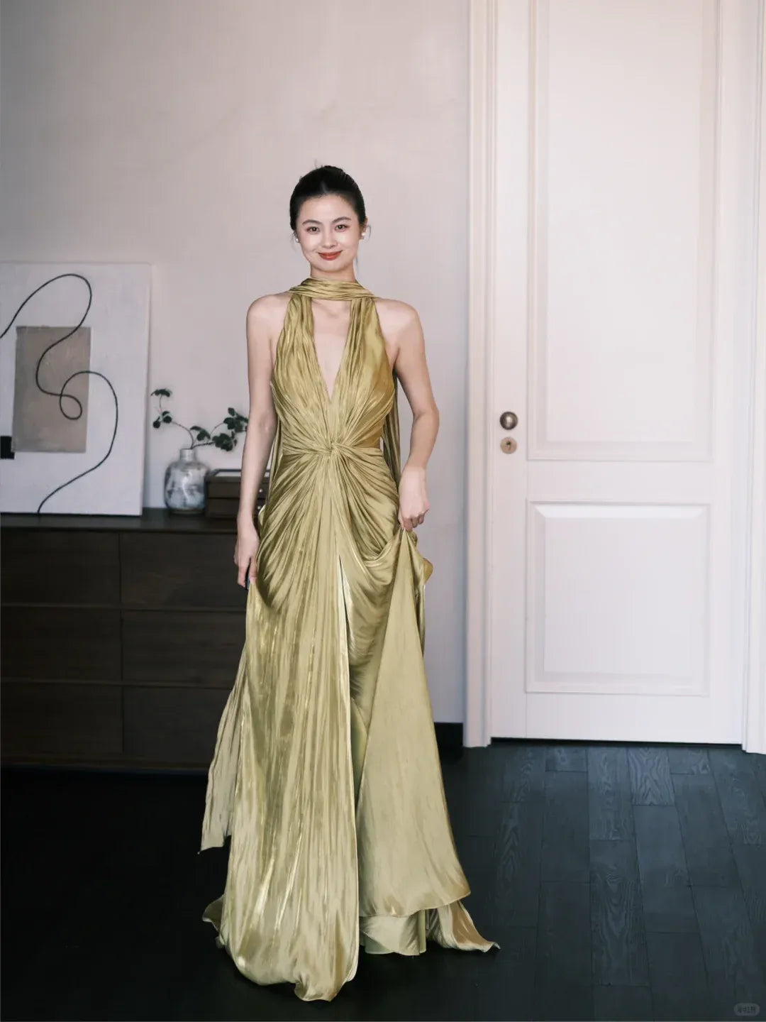 Glamorous Halter Open Back Gold Pleated Satin Gown