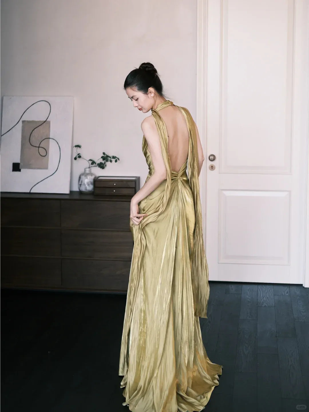 Glamorous Halter Open Back Gold Pleated Satin Gown