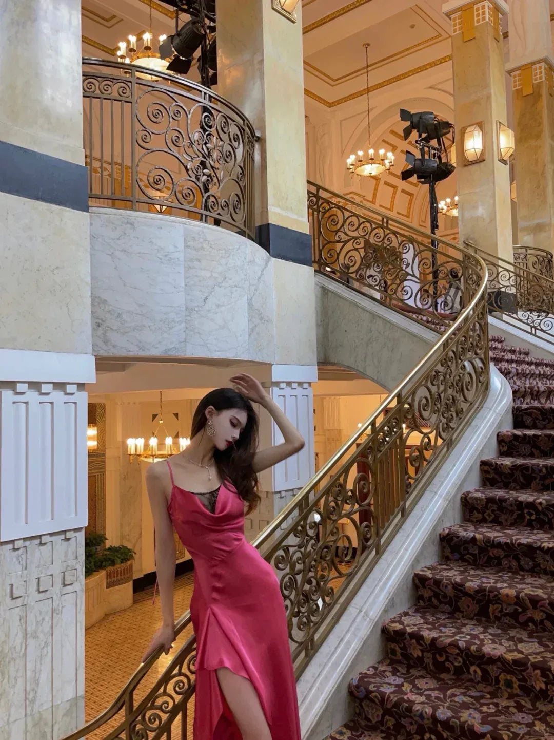 Glamorous Hot Pink Satin Cowl Neck High-Low Slip Gown
