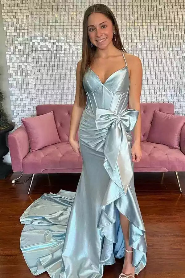 Glamorous Iridescent Sky Blue Satin Mermaid Gown with Crisscross Back & Oversized Bow