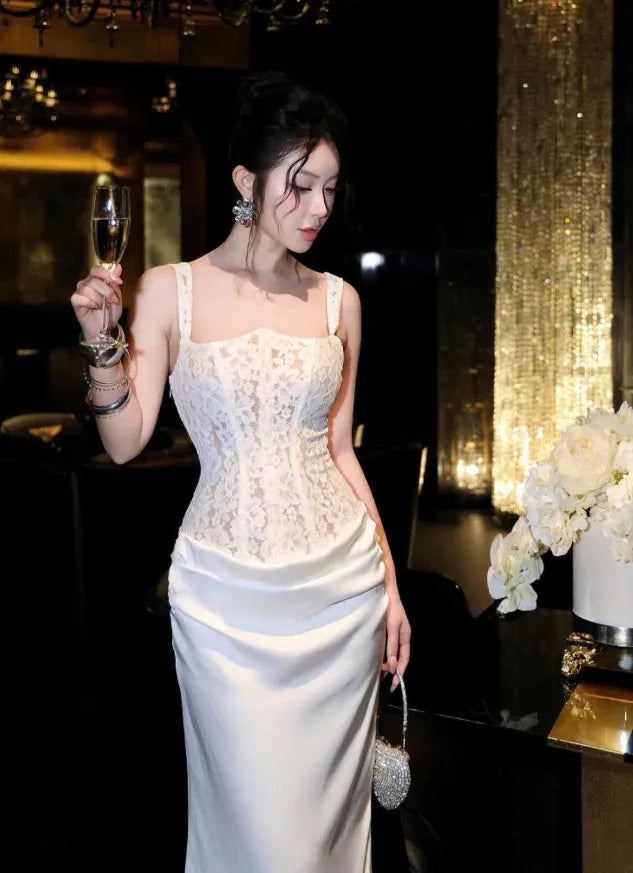 Glamorous Lace Corset Satin Spaghetti Strap Mermaid Gown