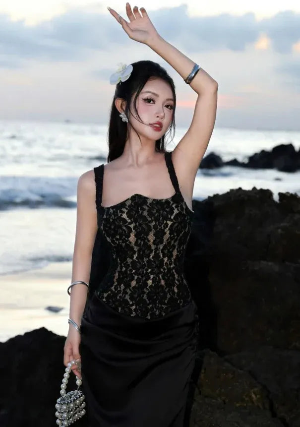 Glamorous Lace Corset Satin Spaghetti Strap Mermaid Gown