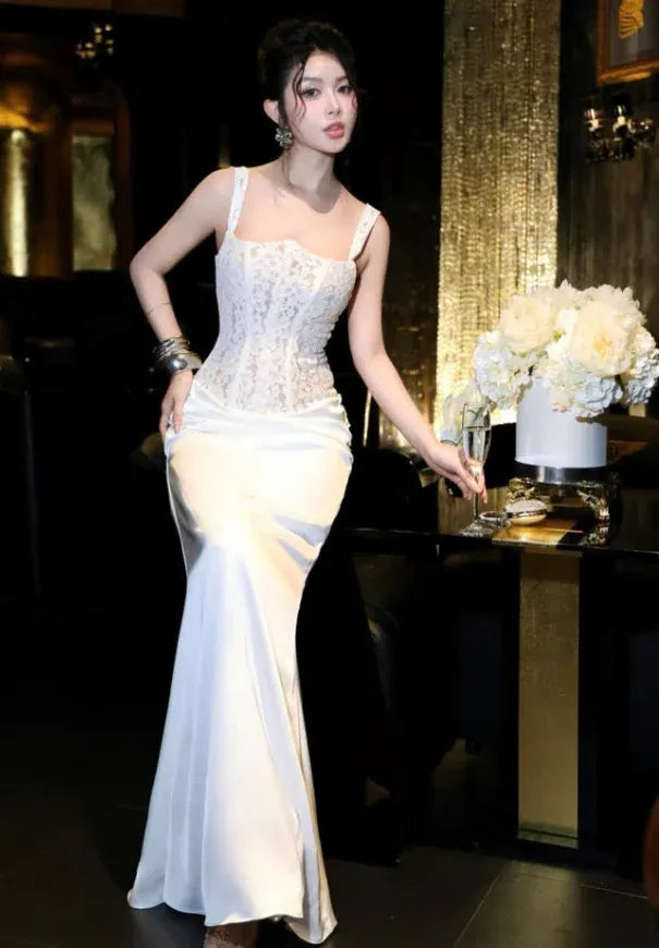 Glamorous Lace Corset Satin Spaghetti Strap Mermaid Gown