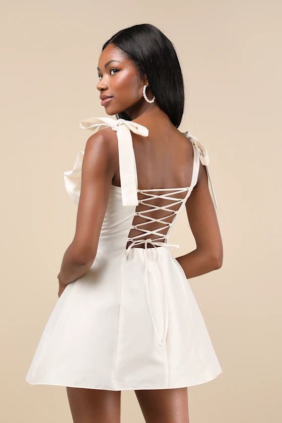 Glamorous Luxury Taffeta Bow Lace-Up Mini Dress Homecoming Dresses