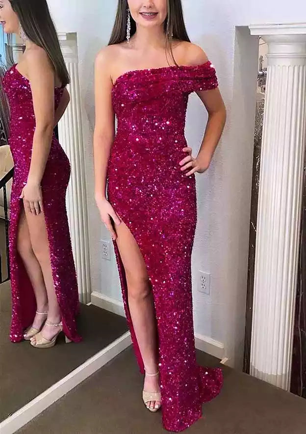 Glamorous Magenta Sequin Gown with Off-the-Shoulder Neckline & High Side Slit