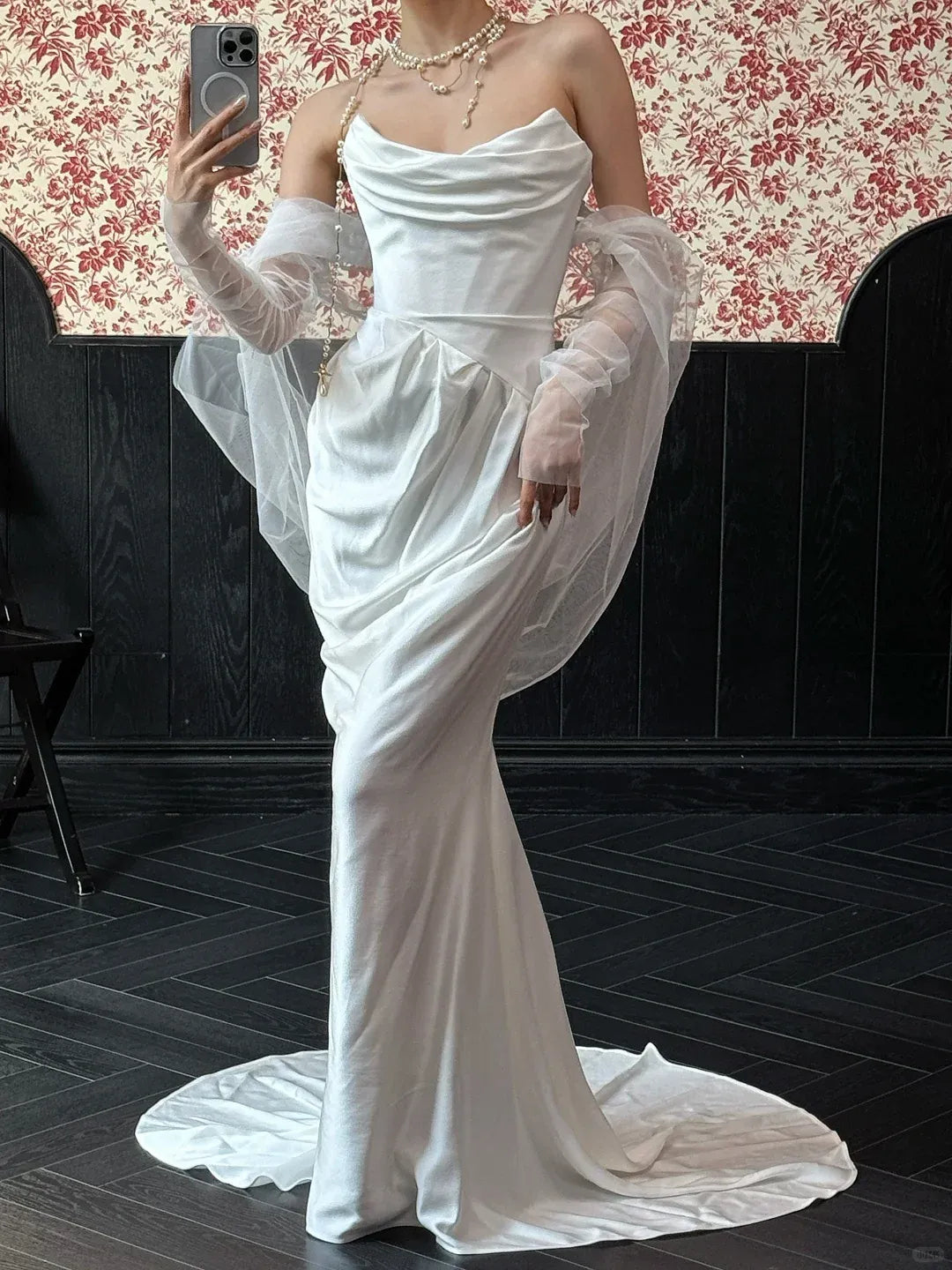 Glamorous Mermaid Cowl Neck Pearl Chain Ivory Satin Gown