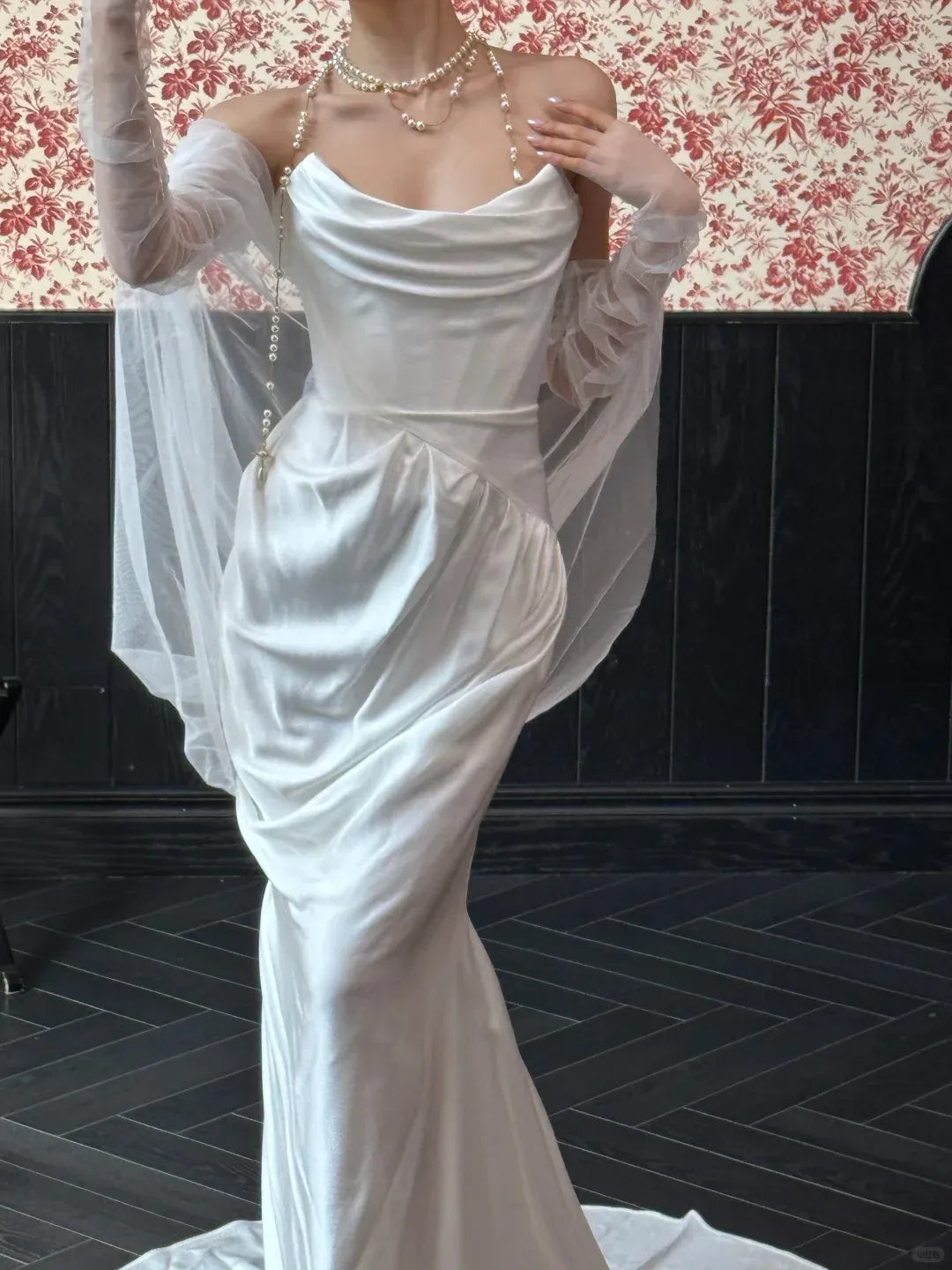 Glamorous Mermaid Cowl Neck Pearl Chain Ivory Satin Gown