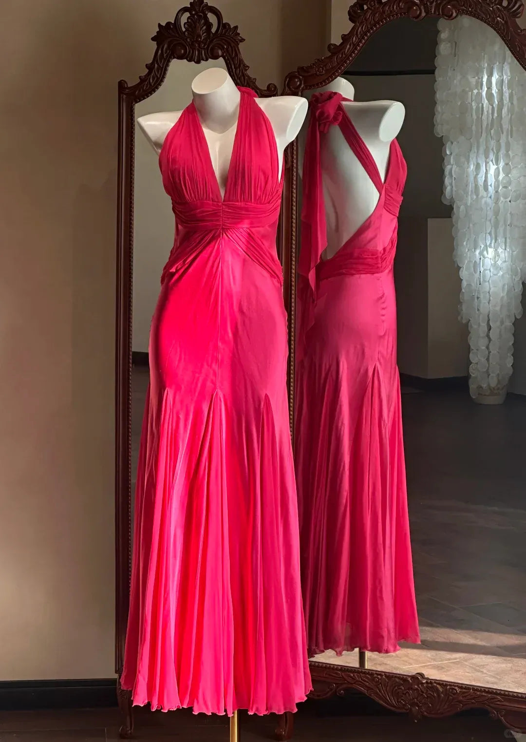 Glamorous Mermaid Halter V-Neck Ruched Hot Pink Chiffon Gown