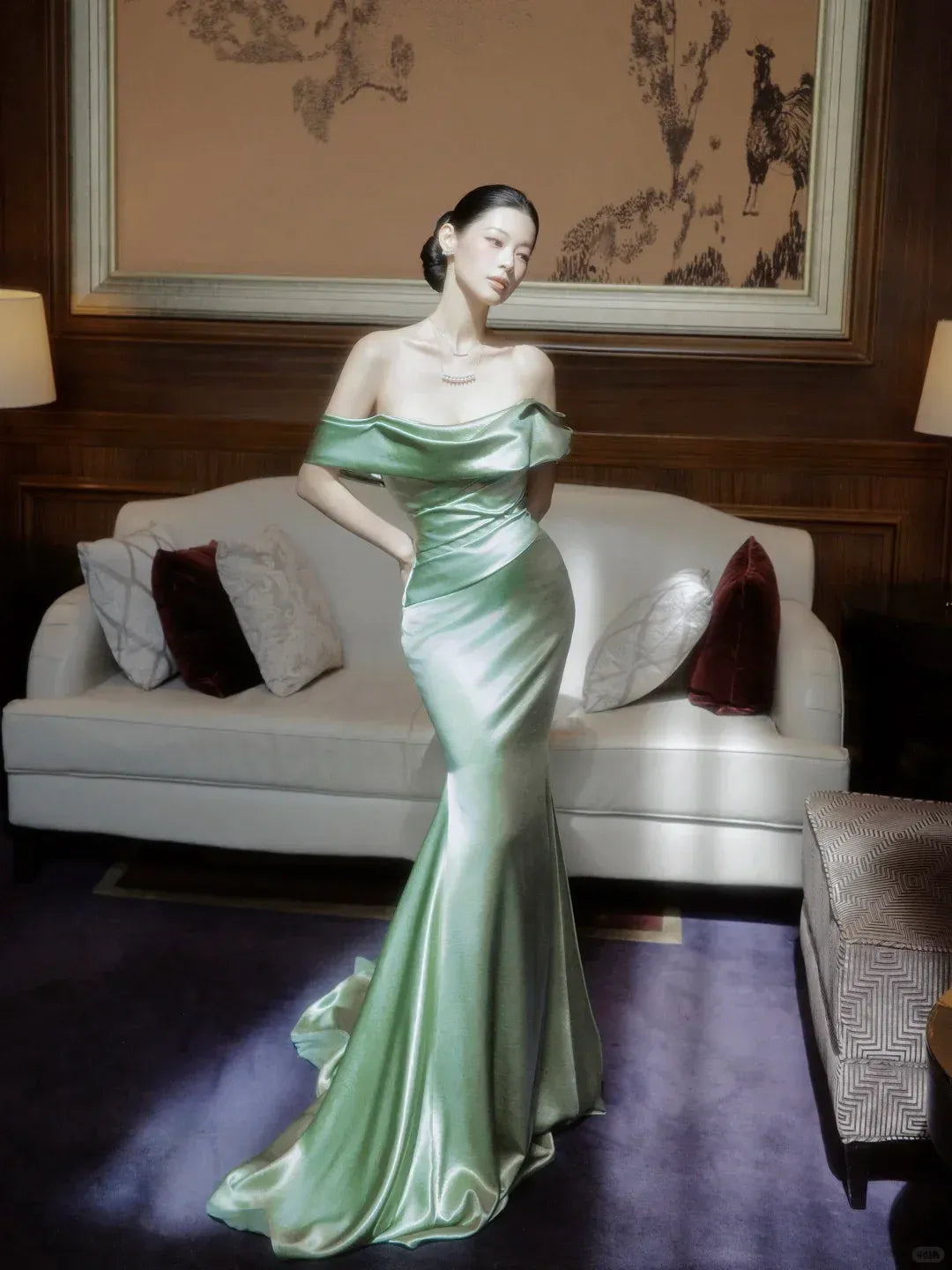 Glamorous Mermaid Off-The-Shoulder Draped Sage Green Satin Gown