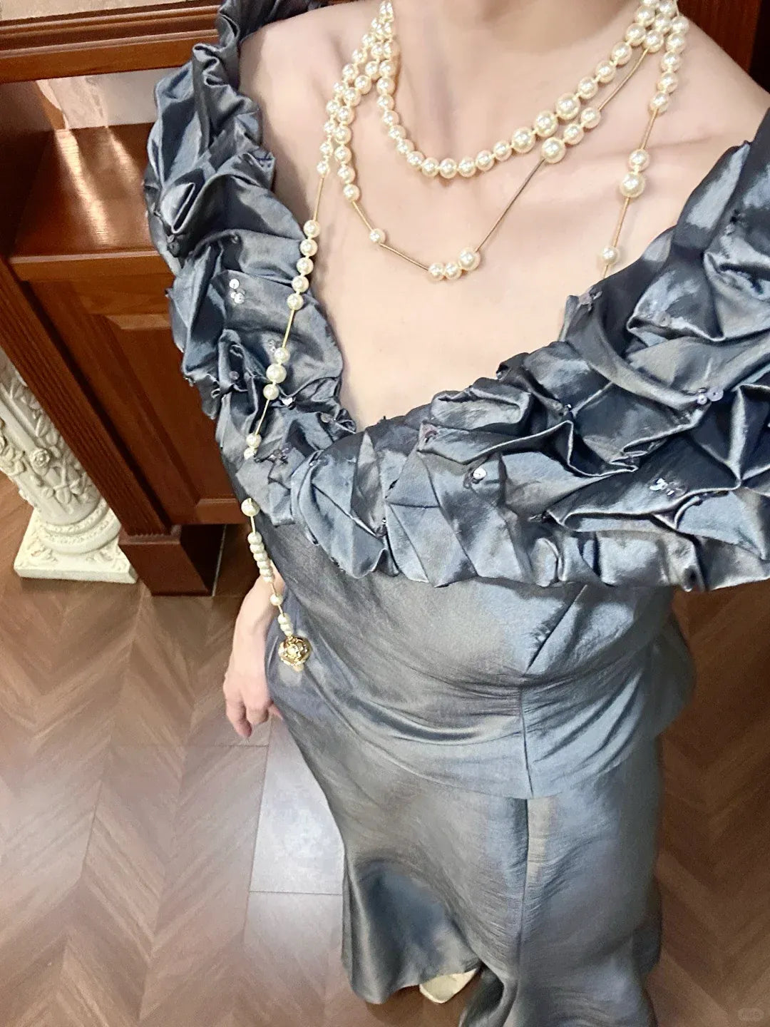 Glamorous Mermaid Off-The-Shoulder Draped Sage Green Satin Gown