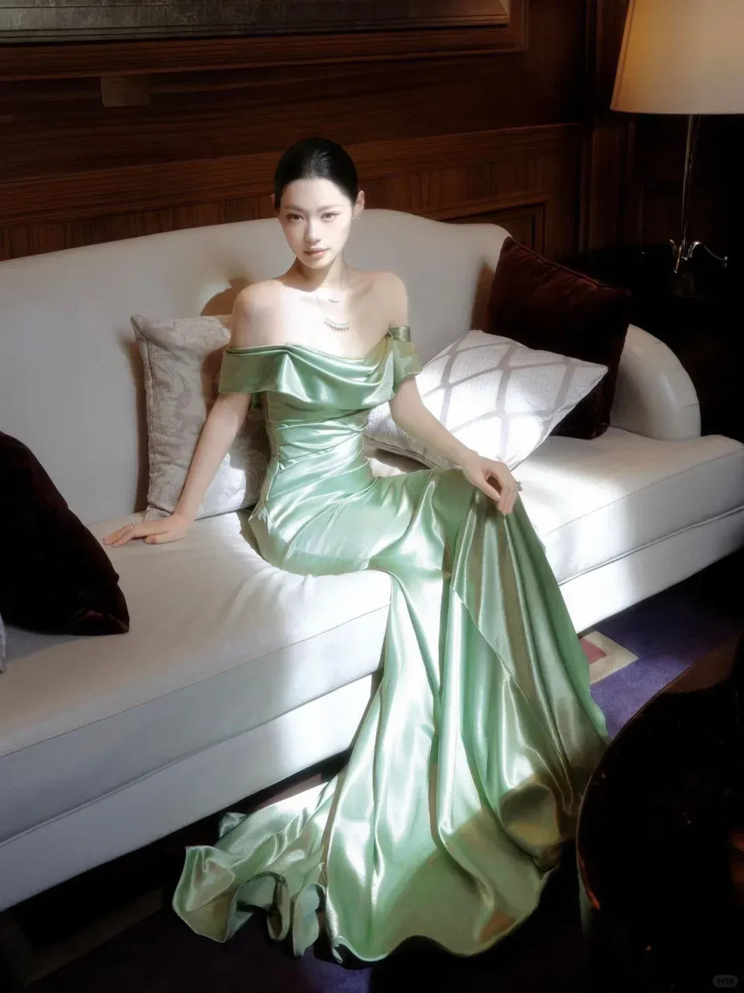 Glamorous Mermaid Off-The-Shoulder Draped Sage Green Satin Gown