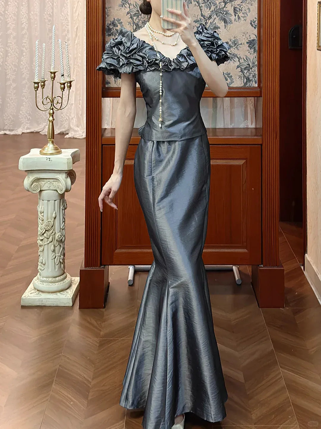 Glamorous Mermaid Off-The-Shoulder Draped Sage Green Satin Gown