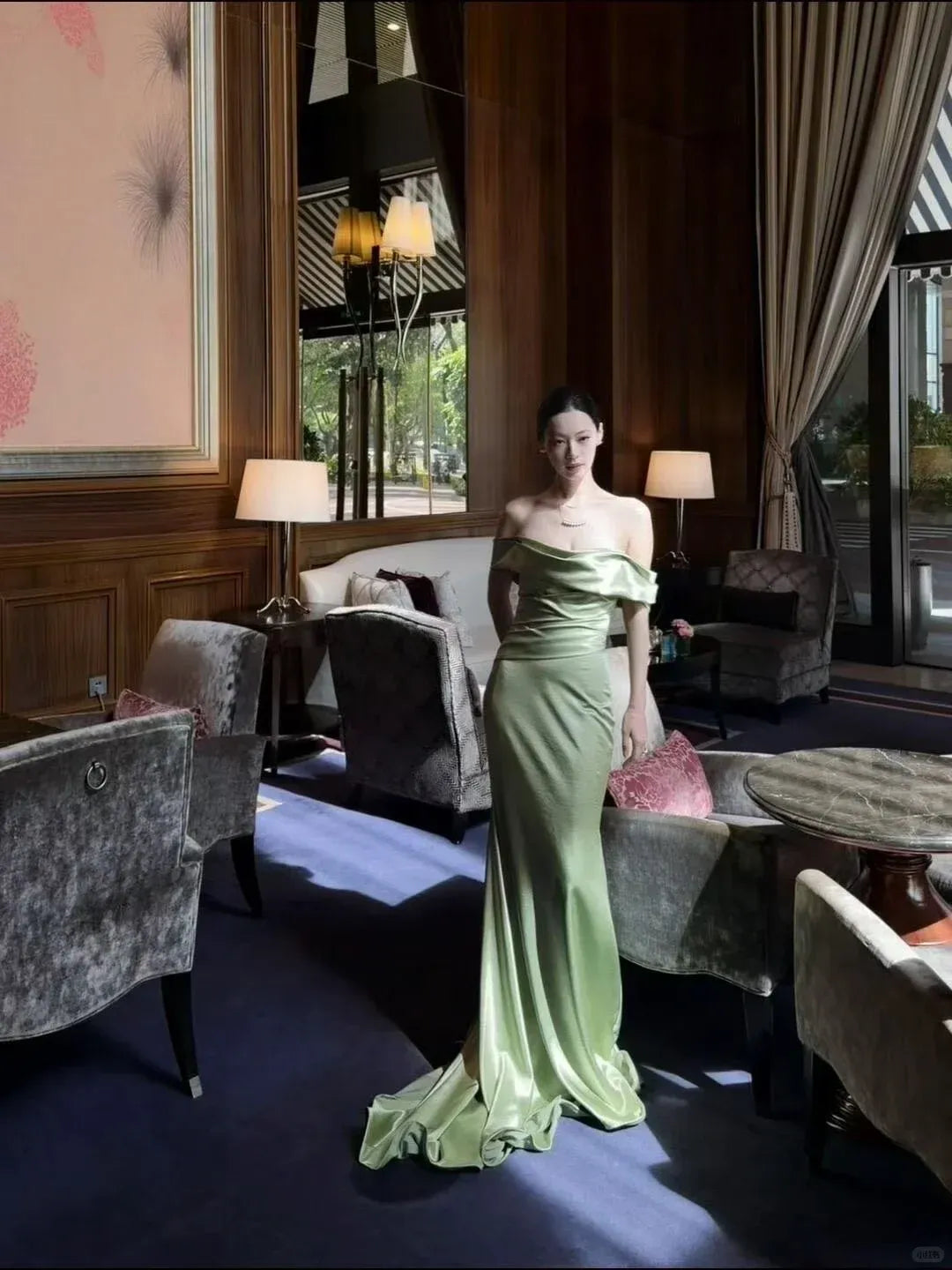Glamorous Mermaid Off-The-Shoulder Draped Sage Green Satin Gown