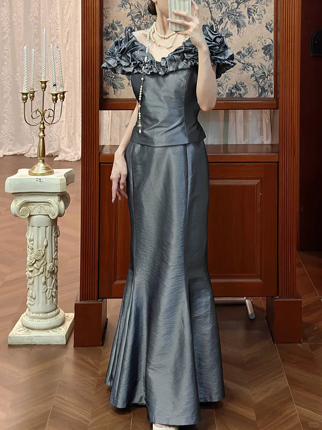 Glamorous Mermaid Off-The-Shoulder Draped Sage Green Satin Gown