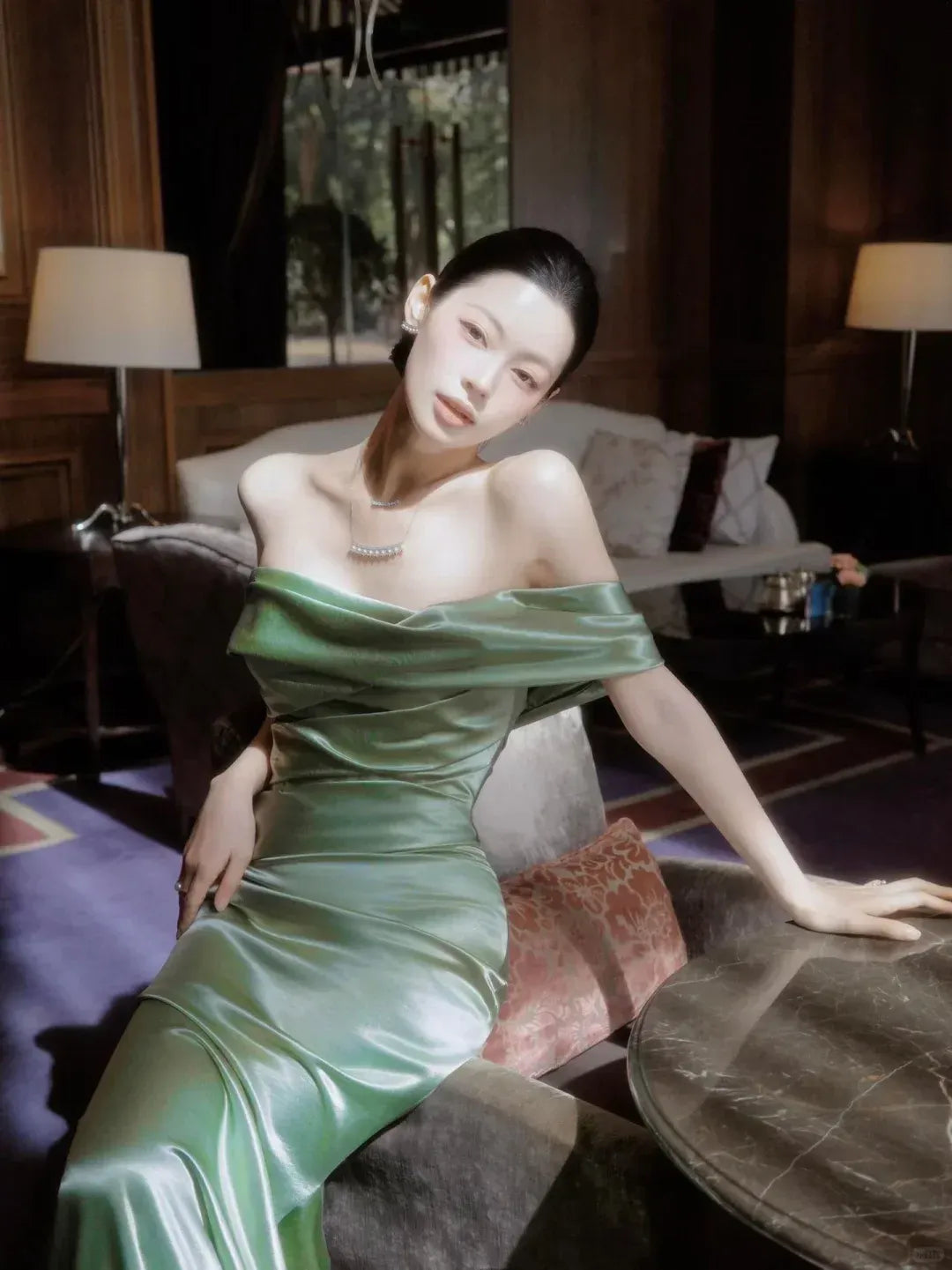 Glamorous Mermaid Off-The-Shoulder Draped Sage Green Satin Gown
