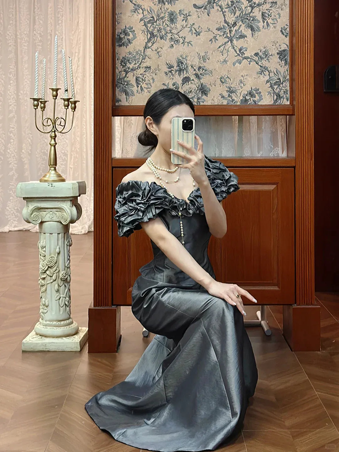 Glamorous Mermaid Off-The-Shoulder Draped Sage Green Satin Gown