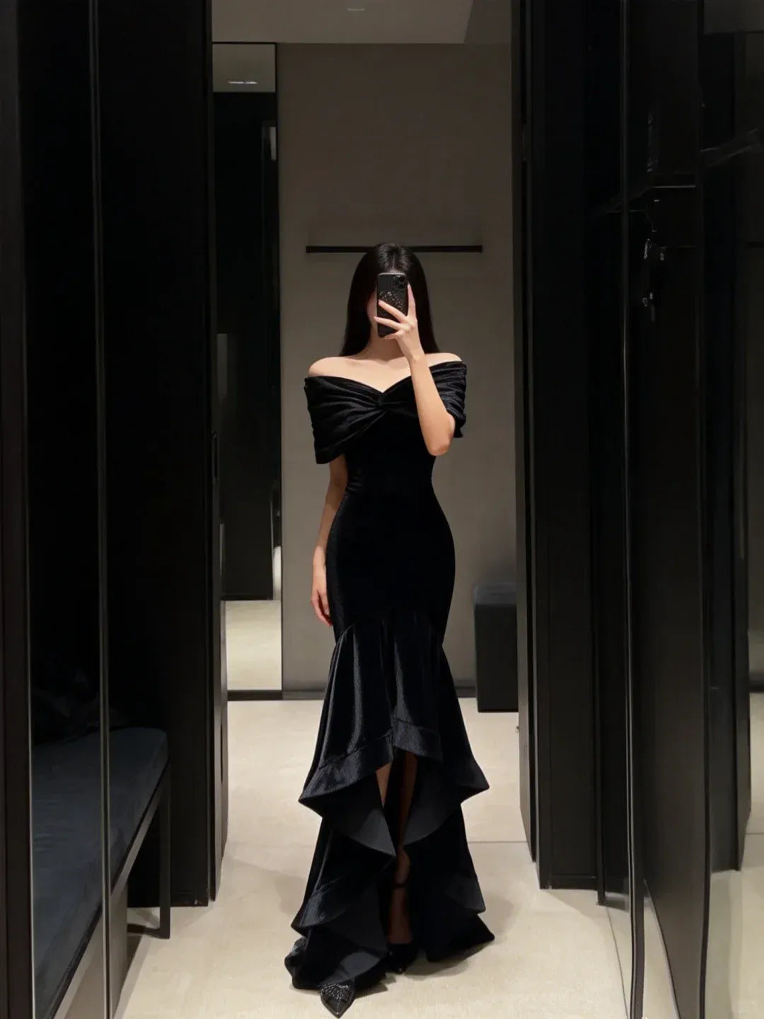 Glamorous Mermaid Off-the-Shoulder Twisted Ruffled High-Low Prom Dresses