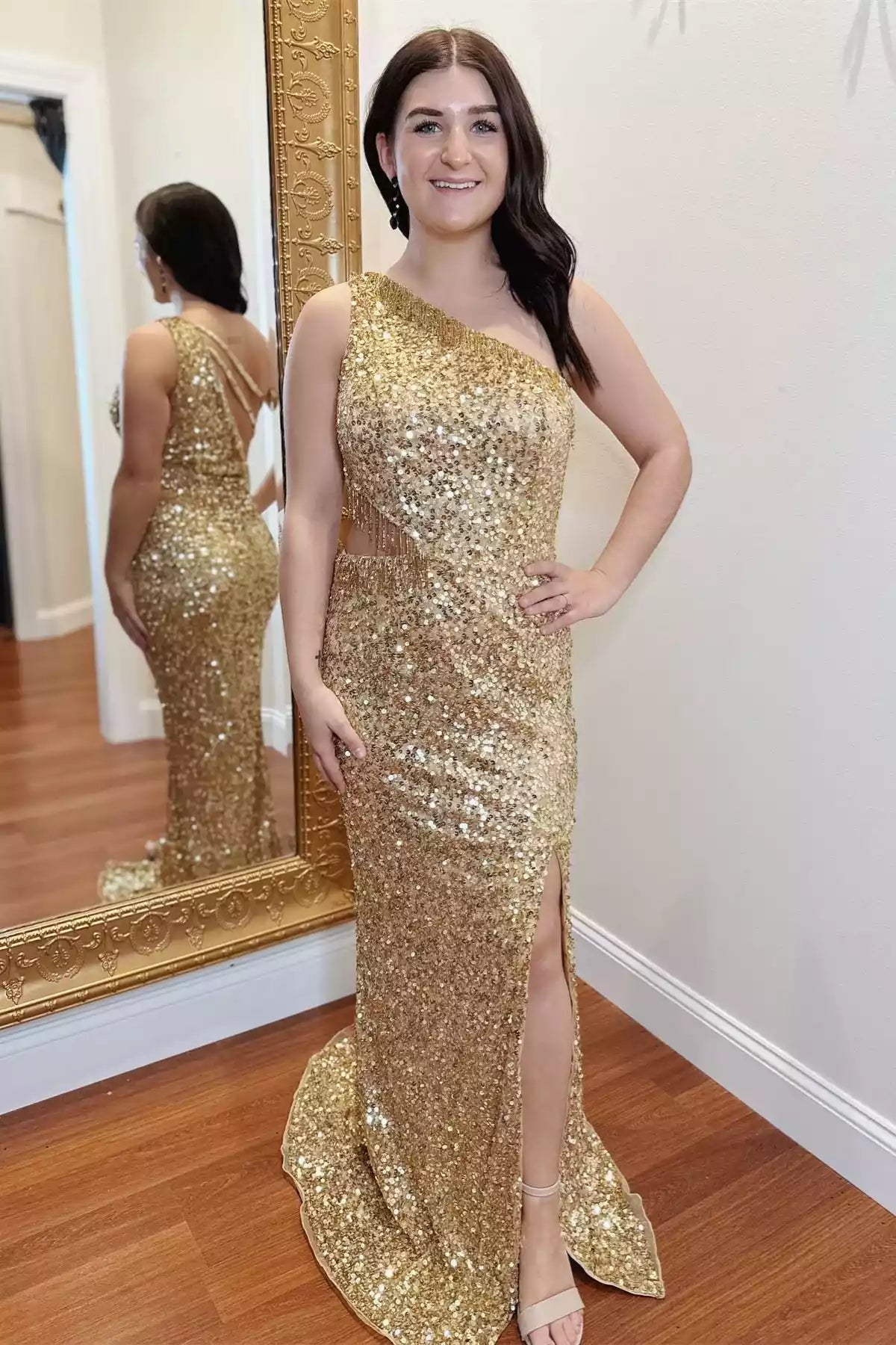 Glamorous Mermaid One-Shoulder Cutout-Back Slit Floor-Length Prom Gown