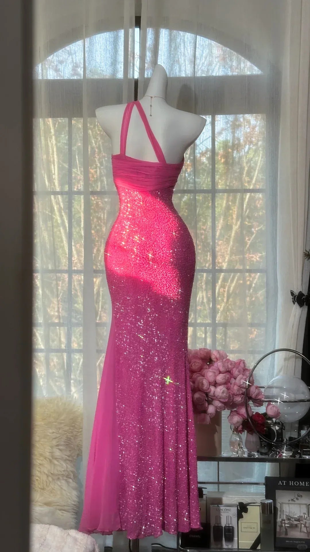 Glamorous Mermaid One-Shoulder Hot-Pink Sequin Prom Dresses