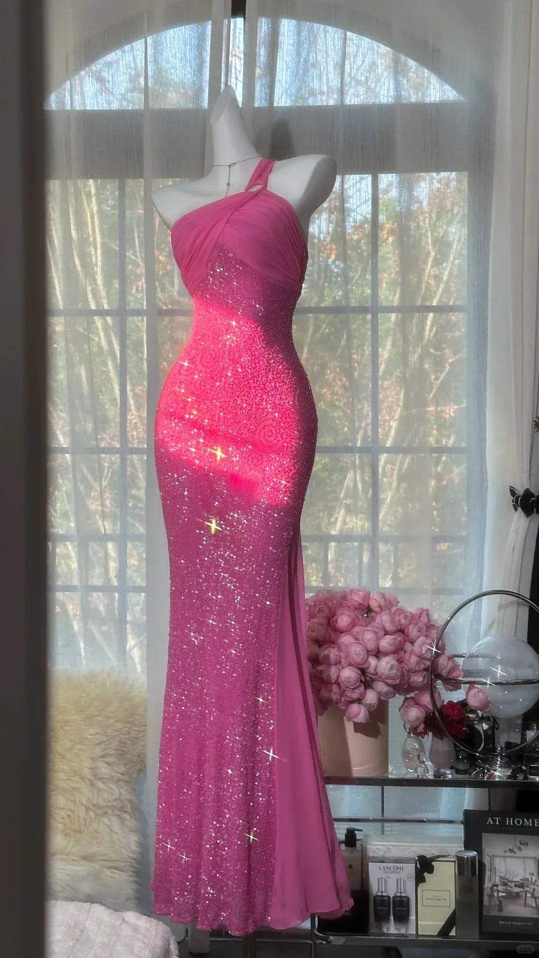 Glamorous Mermaid One-Shoulder Hot-Pink Sequin Prom Dresses