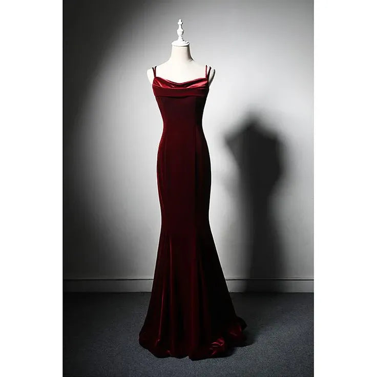 Glamorous Mermaid Spaghetti-Strap Cowl Neck Burgundy Velvet Gown