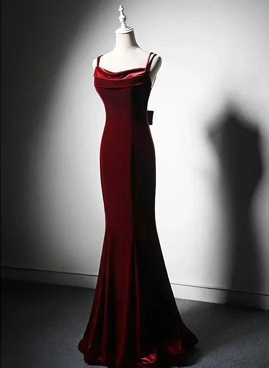 Glamorous Mermaid Spaghetti-Strap Cowl Neck Burgundy Velvet Gown
