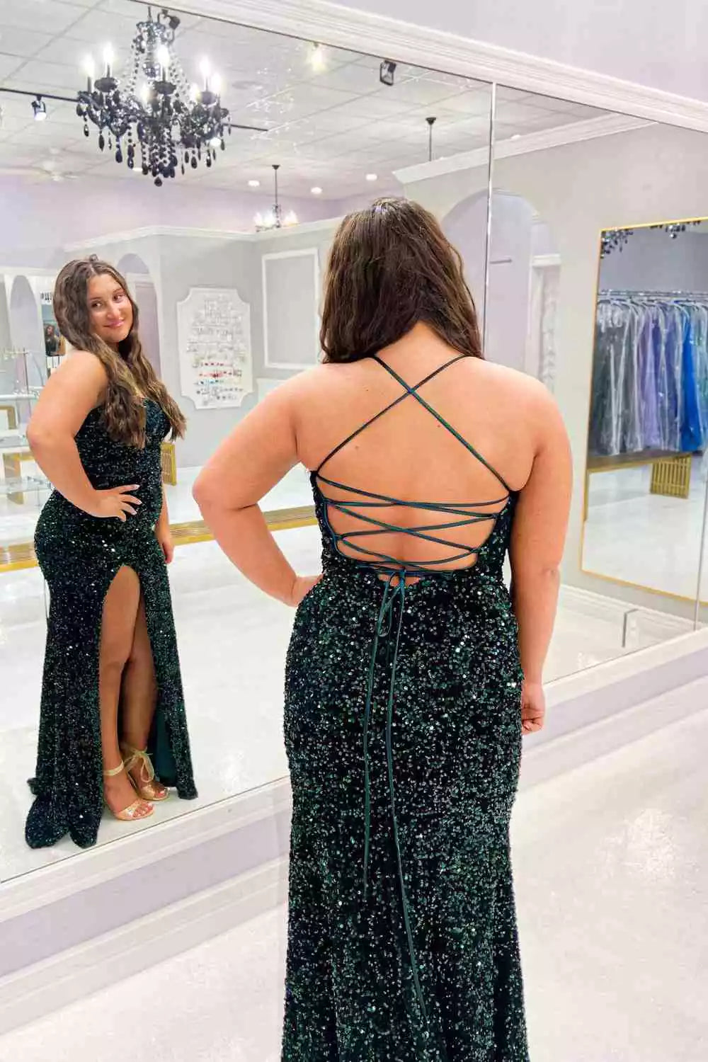 Glamorous Mermaid Spaghetti-Strap Crisscross-Back Slit Floor-Length Prom Gown