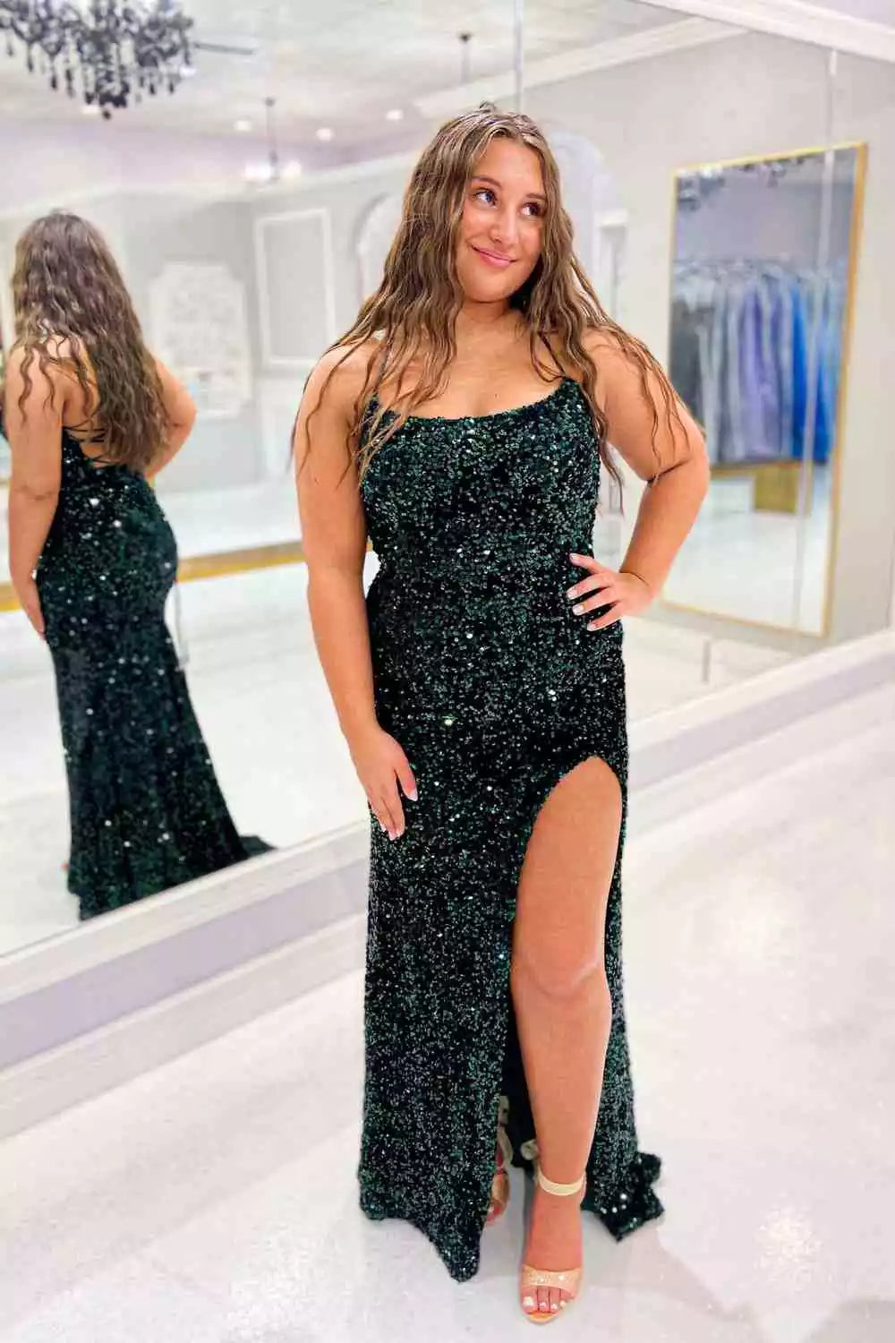 Glamorous Mermaid Spaghetti-Strap Crisscross-Back Slit Floor-Length Prom Gown