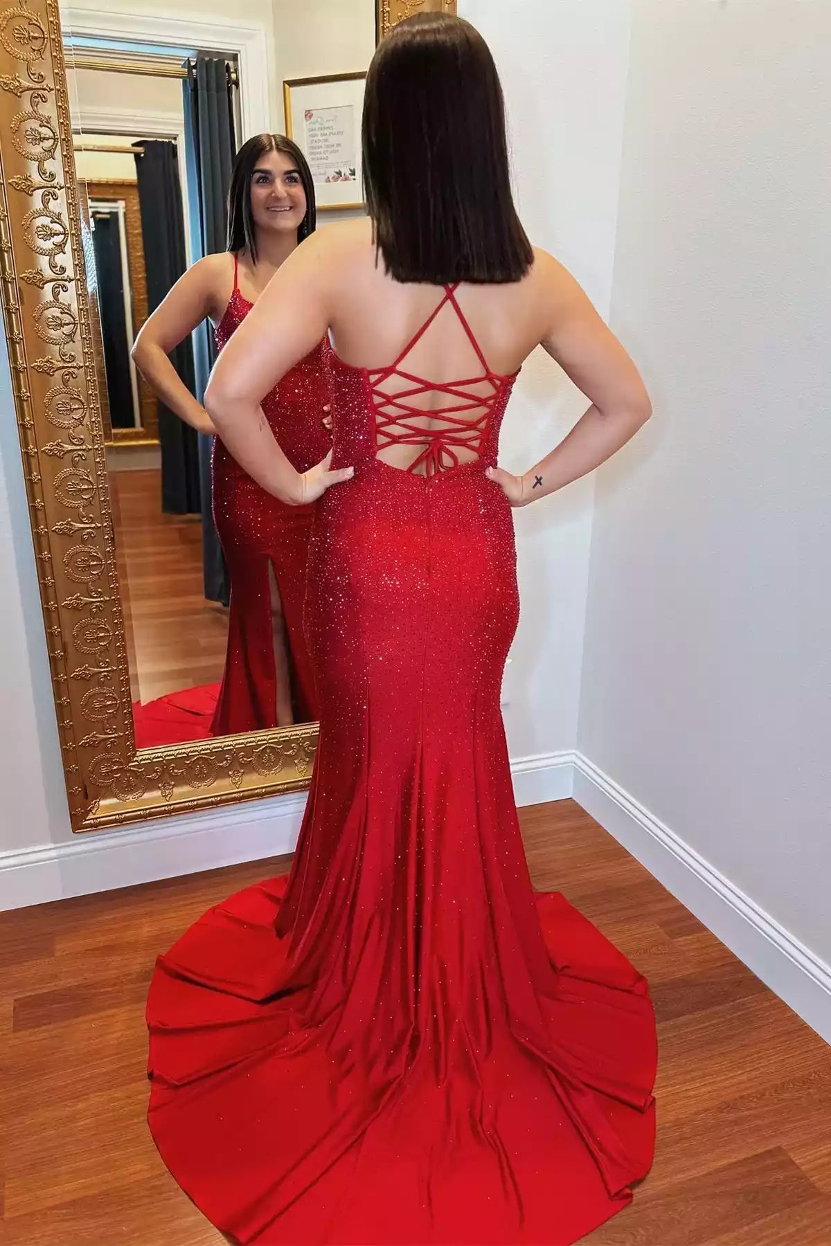 Glamorous Mermaid Spaghetti-Strap Lace-up-Back Slit Floor-Length Prom Gown