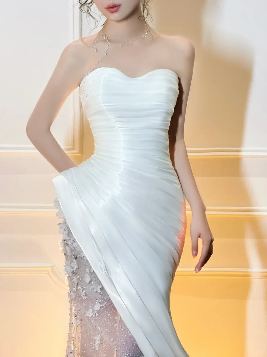 Glamorous Mermaid Strapless Sweetheart 3D Floral Ivory Satin Gown