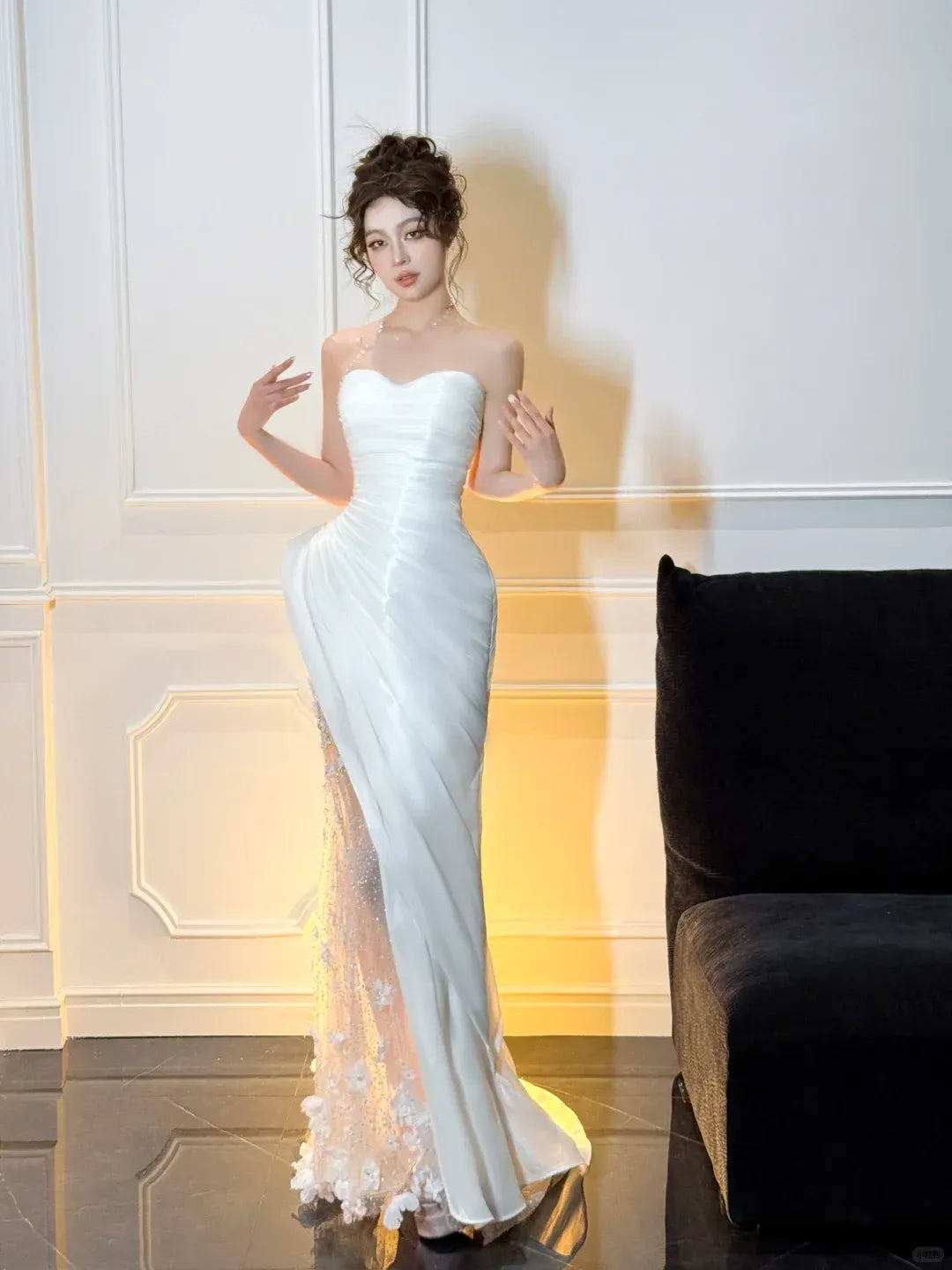Glamorous Mermaid Strapless Sweetheart 3D Floral Ivory Satin Gown