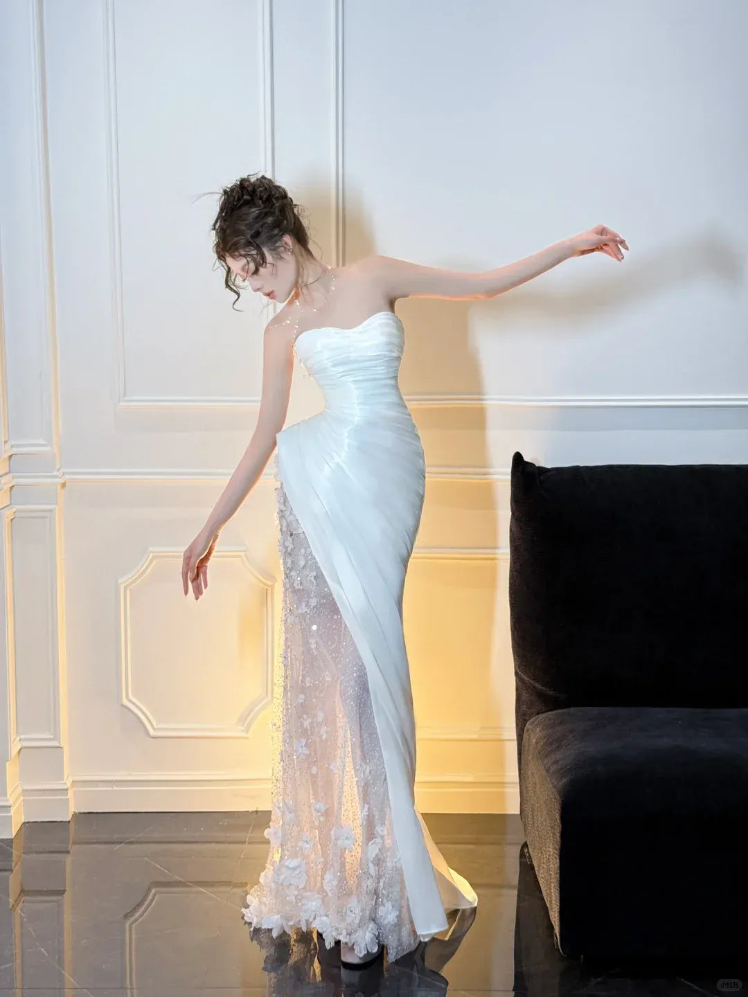 Glamorous Mermaid Strapless Sweetheart 3D Floral Ivory Satin Gown