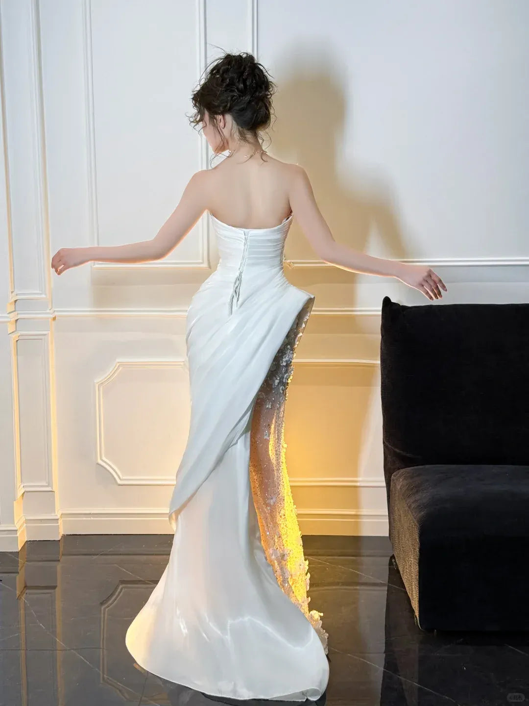 Glamorous Mermaid Strapless Sweetheart 3D Floral Ivory Satin Gown