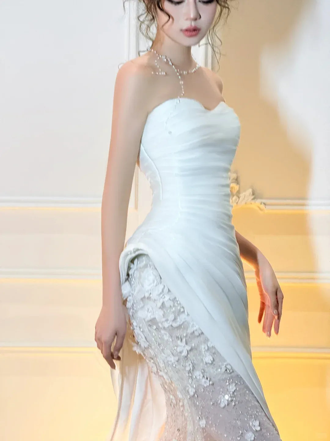 Glamorous Mermaid Strapless Sweetheart 3D Floral Ivory Satin Gown