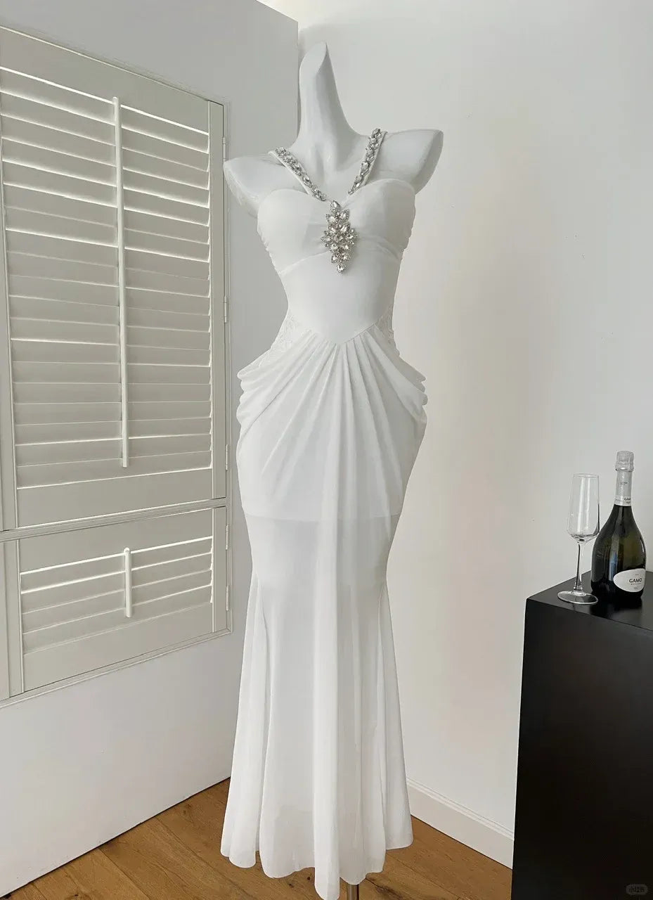 Glamorous Mermaid Sweetheart-Neck Crystal-Embellished White Jersey Gown