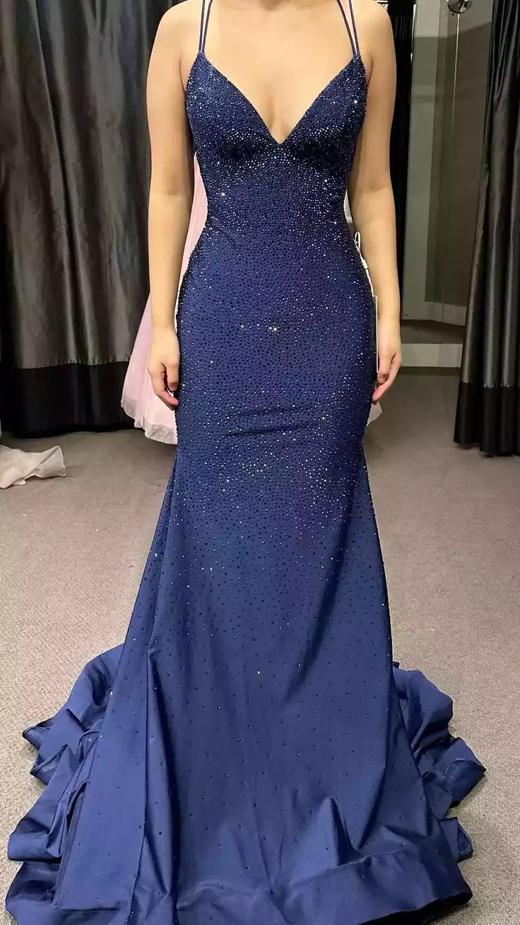 Glamorous Navy Blue Beaded Mermaid Gown with Plunging V-Neck & Crisscross Back