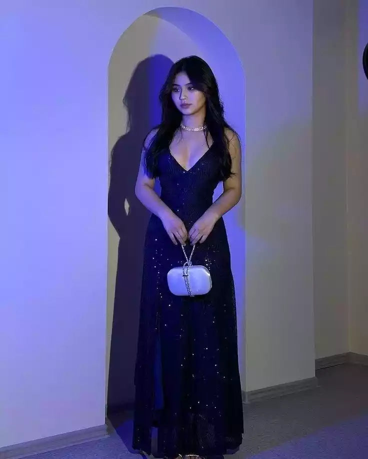Glamorous Navy Blue Sequin Gown with Plunging V-Neck & Crisscross Lace-Up Back
